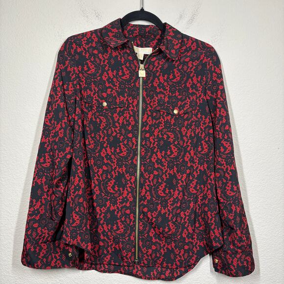 MICHAEL Michael Kors Medium Full Zip Shirt Crimson Black Floral Roll Tab Sleeves - Picture 2 of 11
